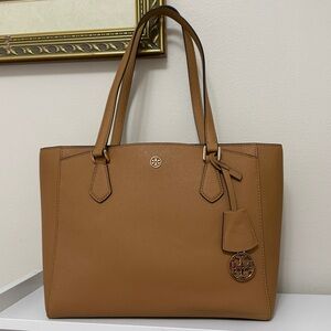 Tory Burch Camel Saffiano Leather Tote with Logo Charm